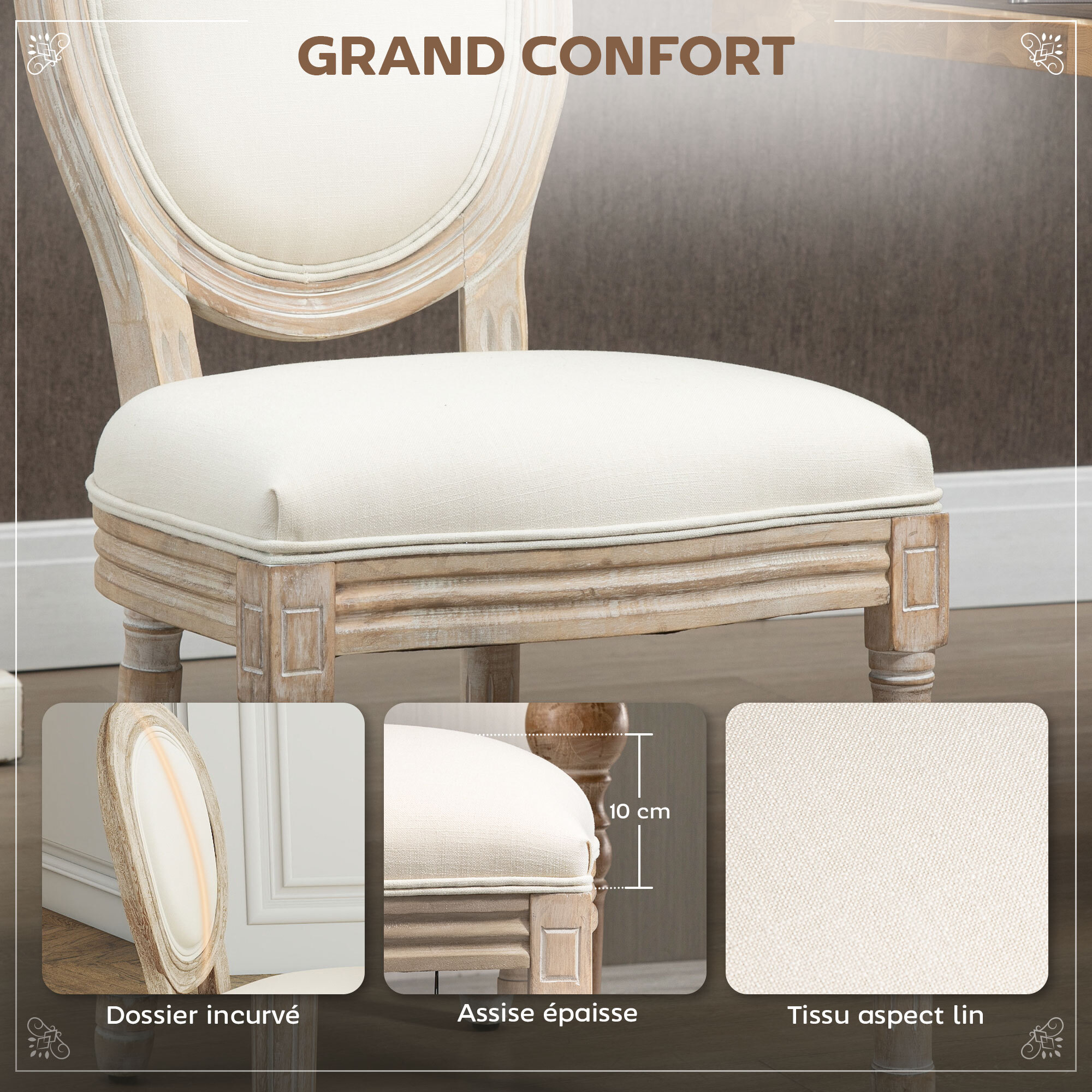 Lot de 2 chaises de salle à manger - chaise de salon médaillon style Louis XVI - bois massif sculpté, patiné - aspect lin beige