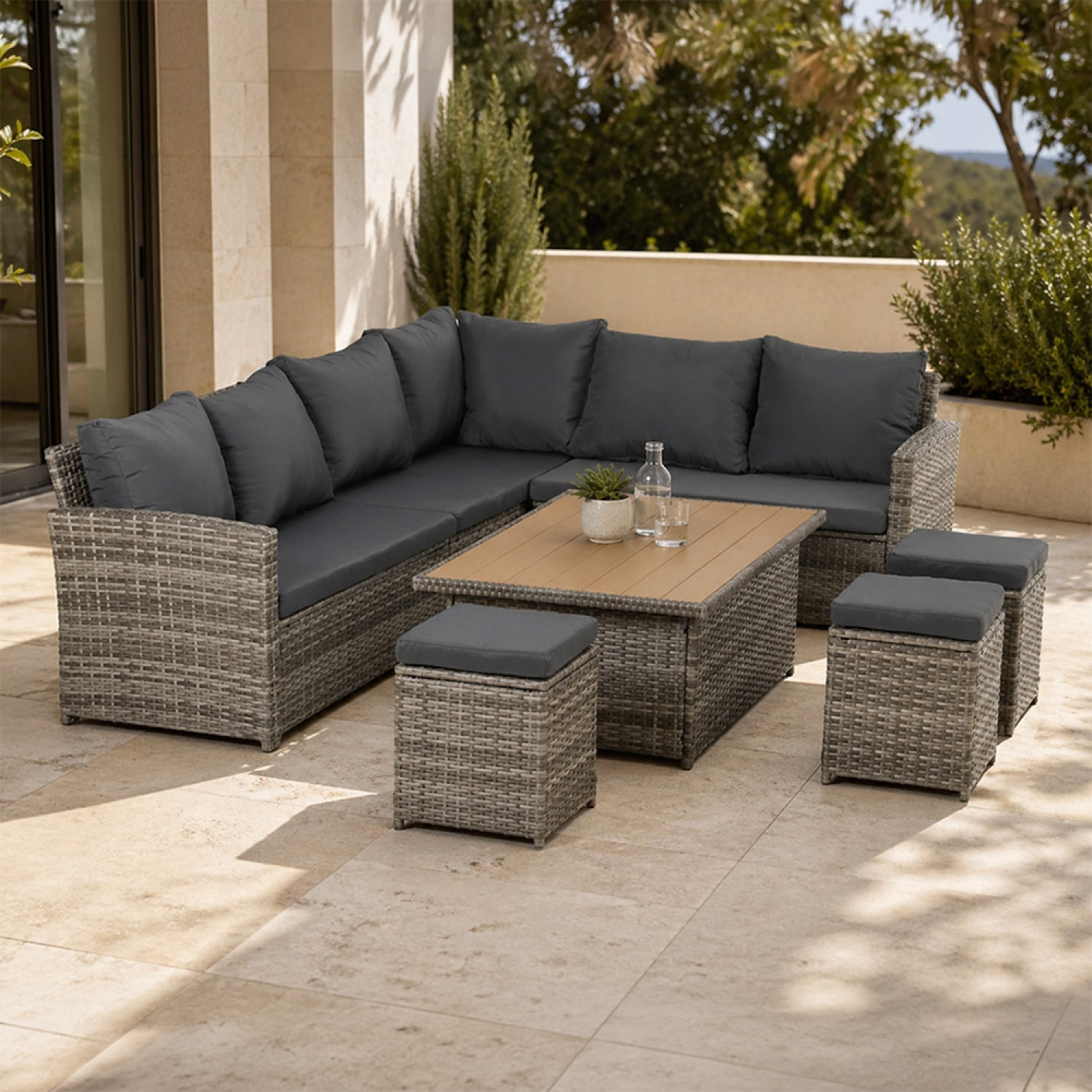 Salon de jardin modulable 9 places en résine tressée avec table relevable effet bois BELEM