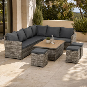 Salon de jardin modulable 9 places en résine tressée avec table relevable effet bois BELEM