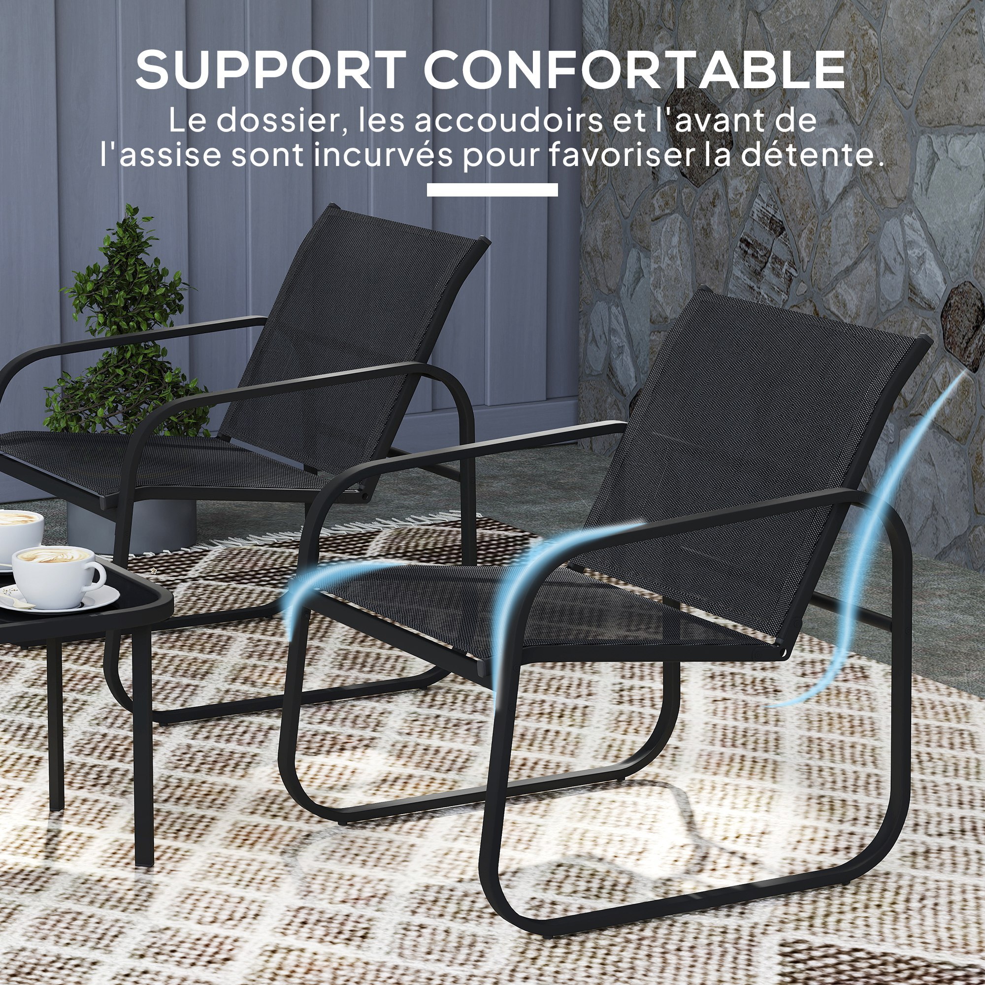 Ensemble bistrot de jardin relax 2 personnes 3 pièces plateau verre trempé acier textilène noir