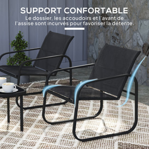Ensemble bistrot de jardin relax 2 personnes 3 pièces plateau verre trempé acier textilène noir