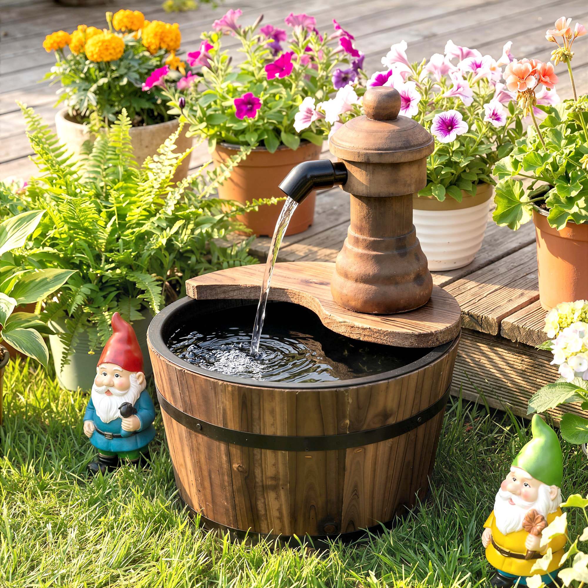 Fontaine de jardin tonneau pompe à eau submersible incluse Ø 27 x 37H cm bois de pin marron
