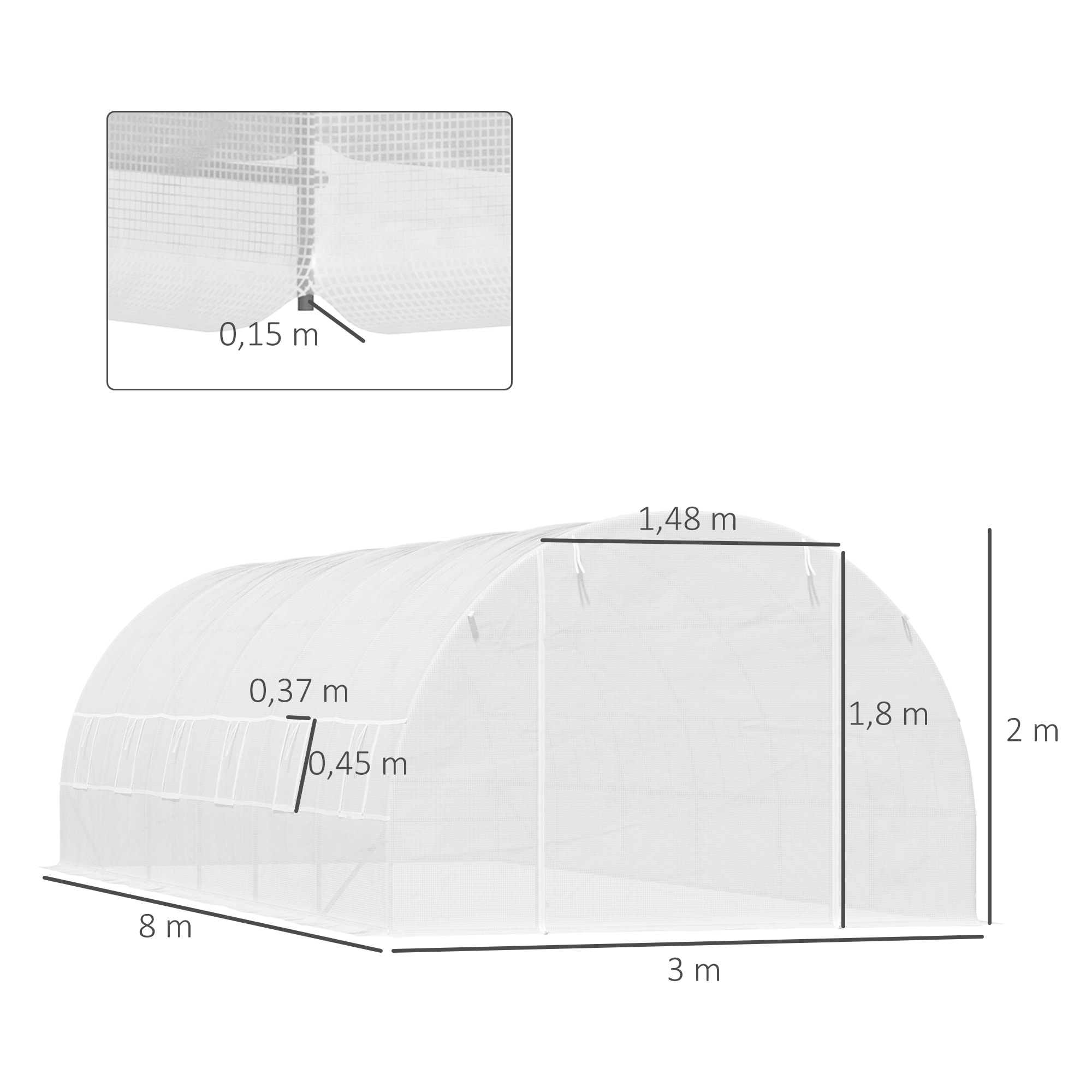 Invernadero 8 Metros 8x3x2m Estructura Acero y Polietileno Reforzado 12 Ventanas