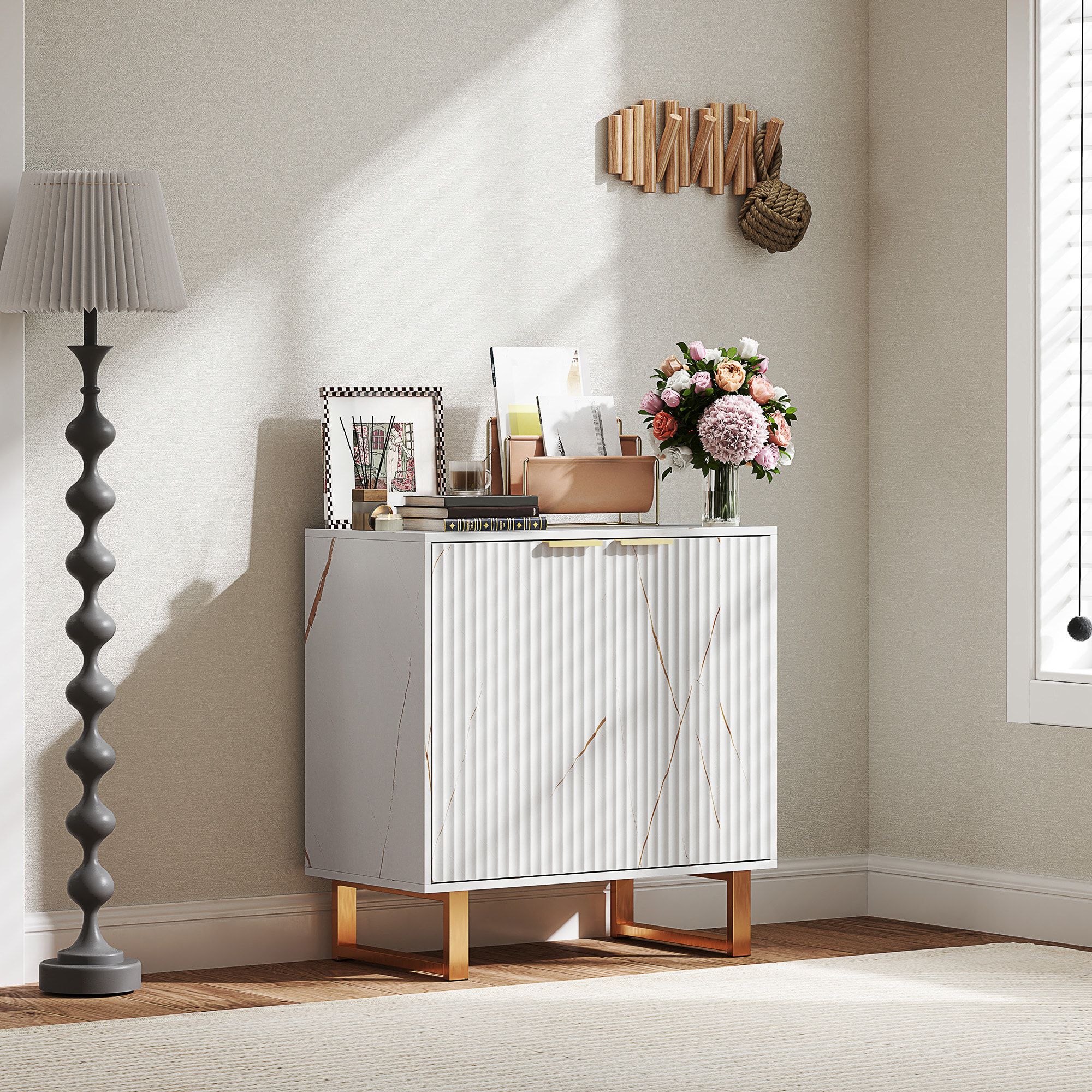 Buffet salon meuble de rangement style moderne avec placard à 2 portes, étagère réglable, pieds en métal - dim. 76,5 x 39 x 77 cm, blanc