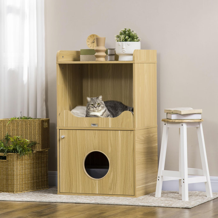 Maison de toilette chat - porte, niche avec coussin, plateau - panneaux aspect bois clair