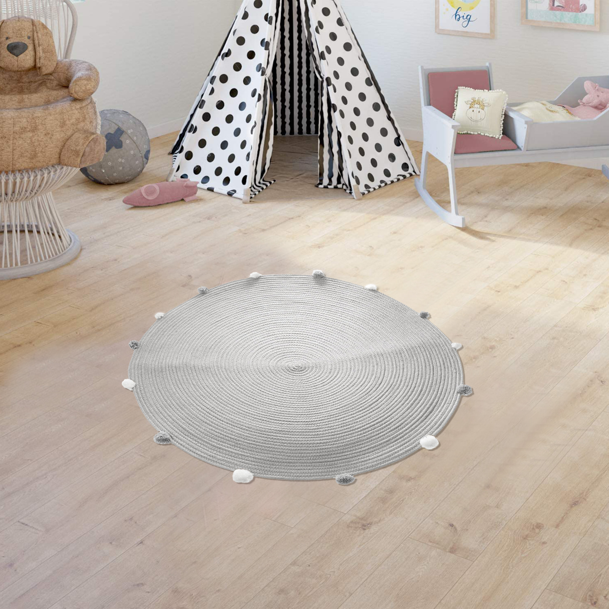 Alfombra infantil  con pompones gris