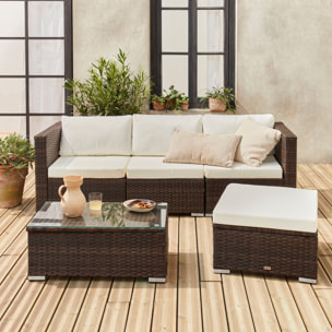 Salon de jardin en résine pour 4 personnes - Torino – résine marron et coussins écru