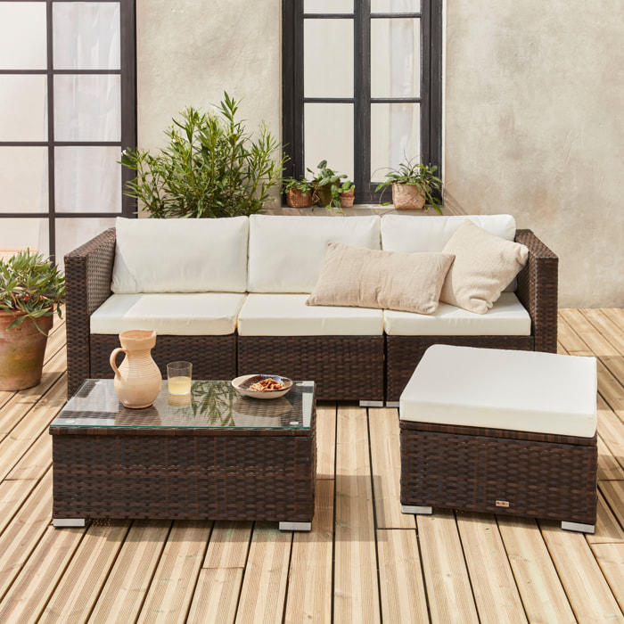 Salon de jardin en résine pour 4 personnes - Torino – résine marron et coussins écru