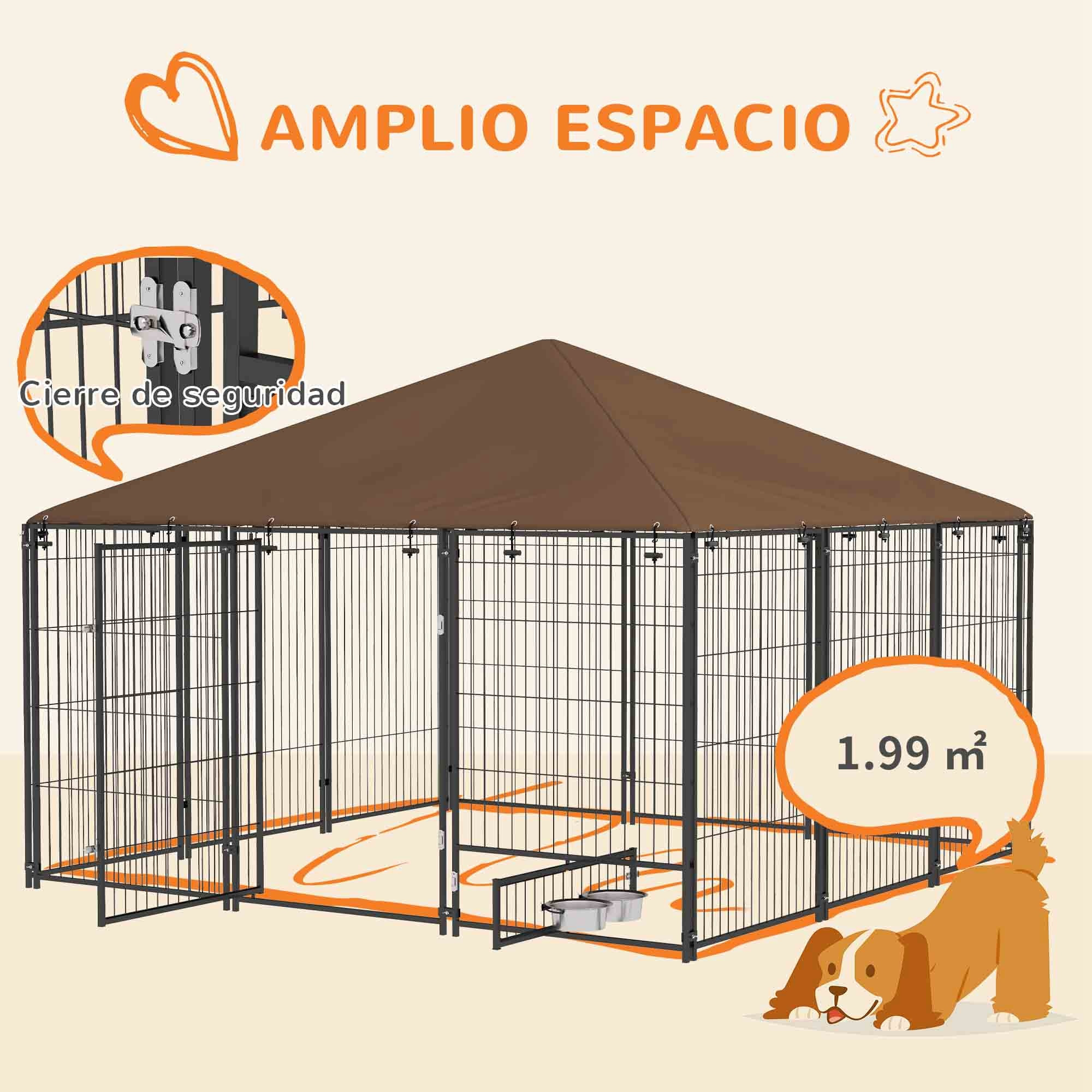 Perrera con Toldo Parque para Perros Metálica de Exterior con Soporte Giratorio para Comida 2 Cuencos para Patio Jardín Terraza 211x211x151 cm Negro