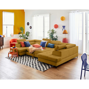 Merida - canapé panoramique en U - 7 places - convertible avec coffres et têtières réglables - en velours - Jaune