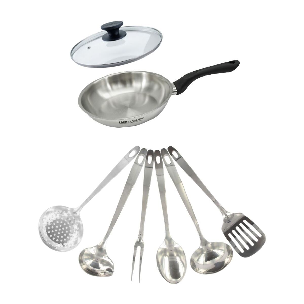 Set poêle en inox, couvercle verre et 6 ustensiles inox Fackelmann Geneva