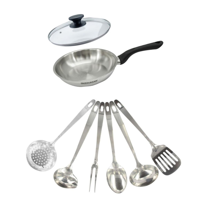 Set poêle en inox, couvercle verre et 6 ustensiles inox Fackelmann Geneva