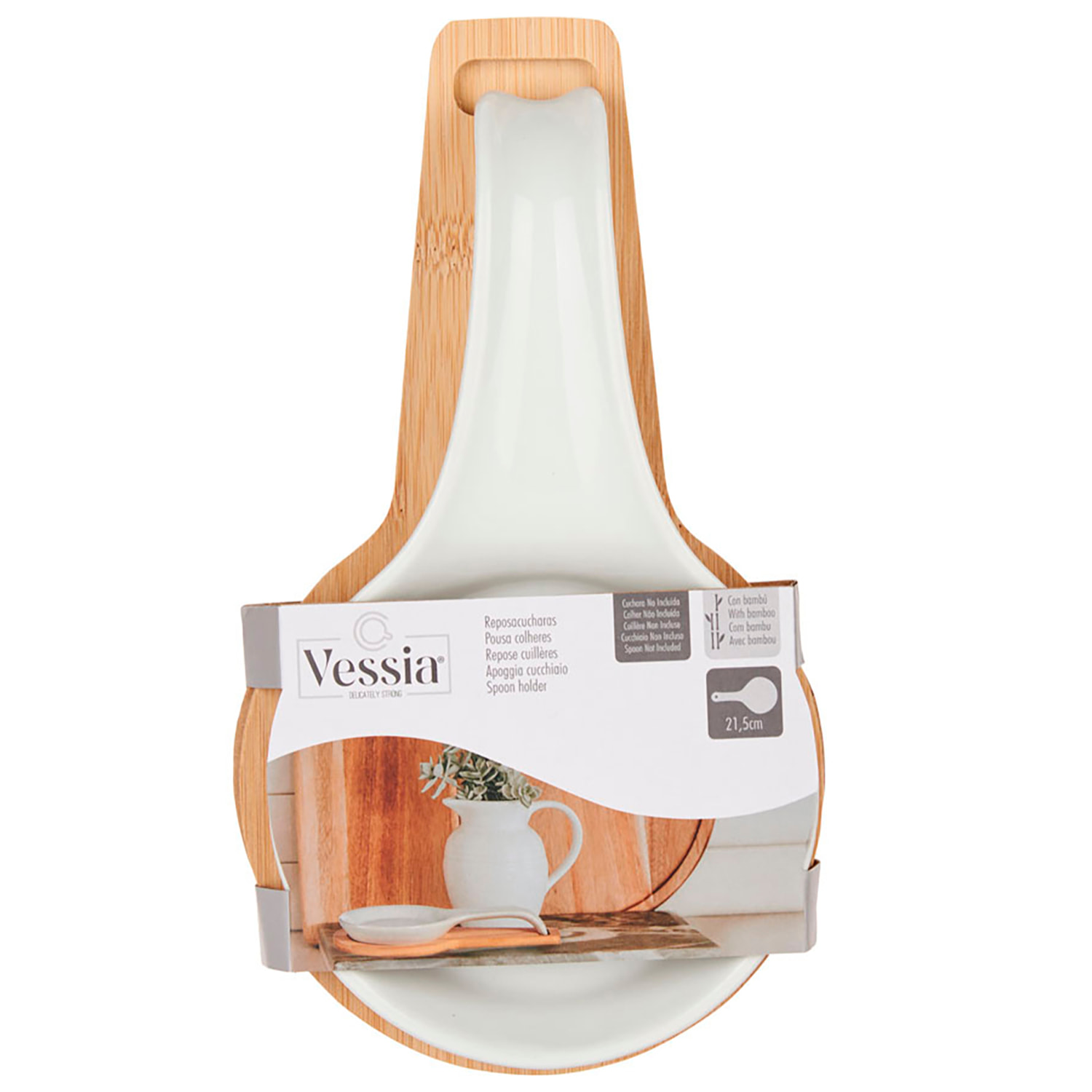 PORTA CUCCHIAIO IN CERAMICA CON BASE IN BAMBU