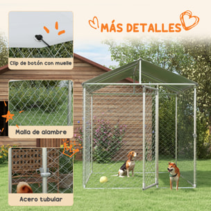 Perrera Jaula de Exterior para Perros Medianos Parque para Perros con Cerradura Marco de Acero Toldo Impermeable y Anti-UV 200x200x237 cm Plata