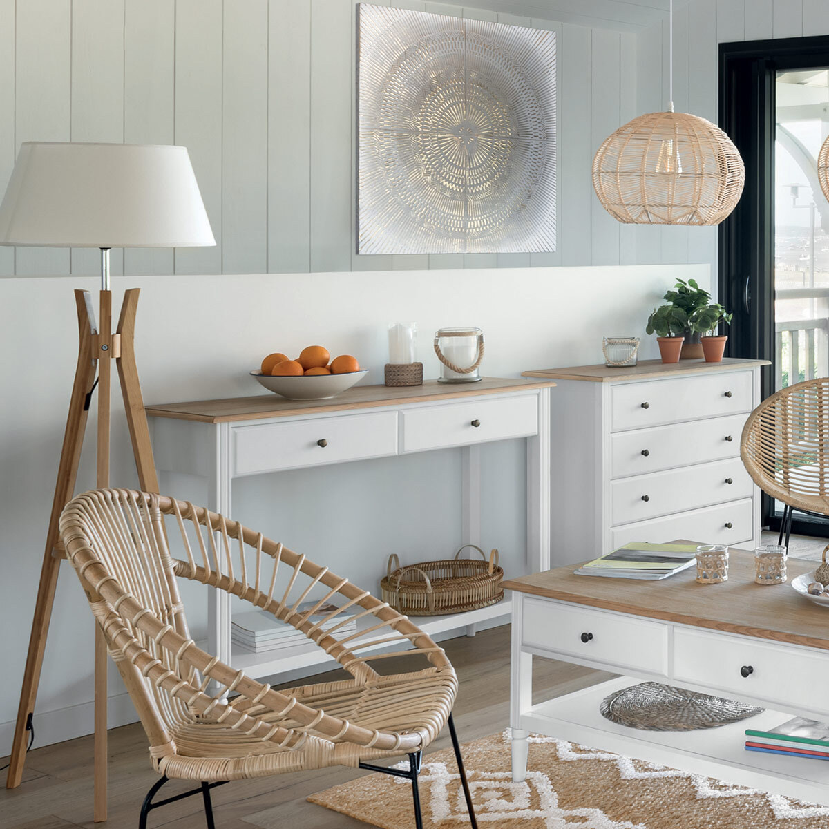 Lampadaire trépied "Kalo" - bambou et blanc H156 cm