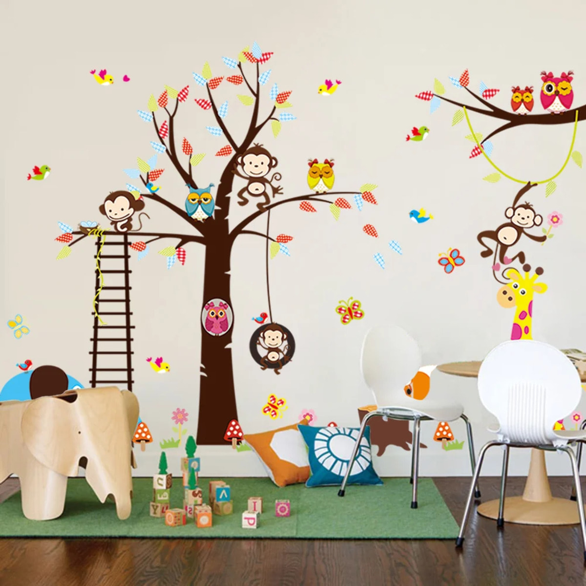 Sticker mural - Ambiance Sticker - Géant enfant - Arbre singe girafe et oiseaux