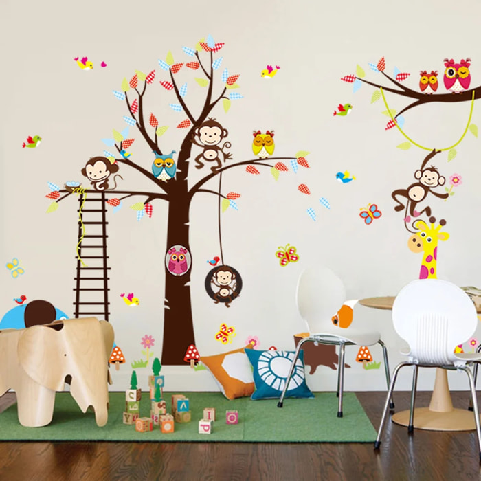 Sticker mural - Ambiance Sticker - Géant enfant - Arbre singe girafe et oiseaux