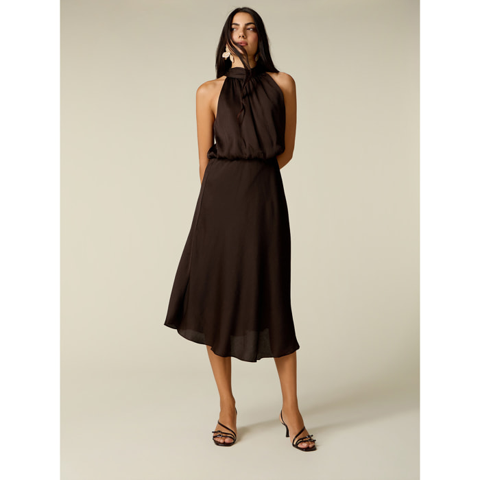 Oltre - Vestito midi halter neck in raso - Marrone
