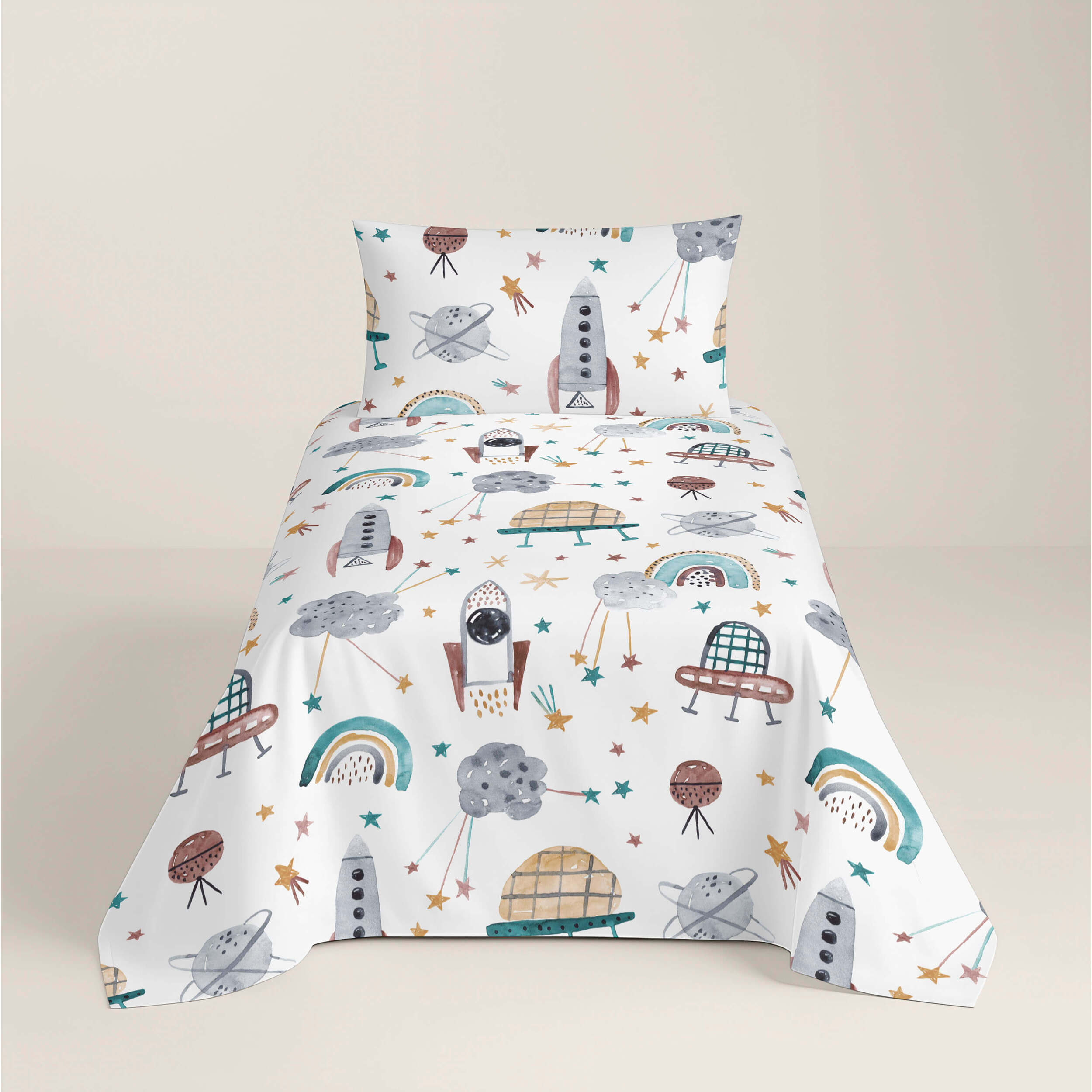 Juego de Sábanas Estampadas - Infantil - 100% Algodón - Incluye 1 Funda de Almohada + 1 Sábana Bajera - Rocket