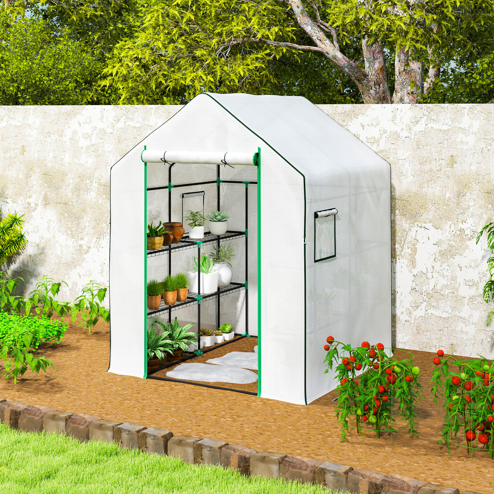 Invernadero de Exterior Invernadero Pequeño de 3 Niveles con 6 Estantes Puerta Enrollable Cubierta de PE y Marco de Acero para Cultivos Plantas Flores 140x143x190 cm Blanco