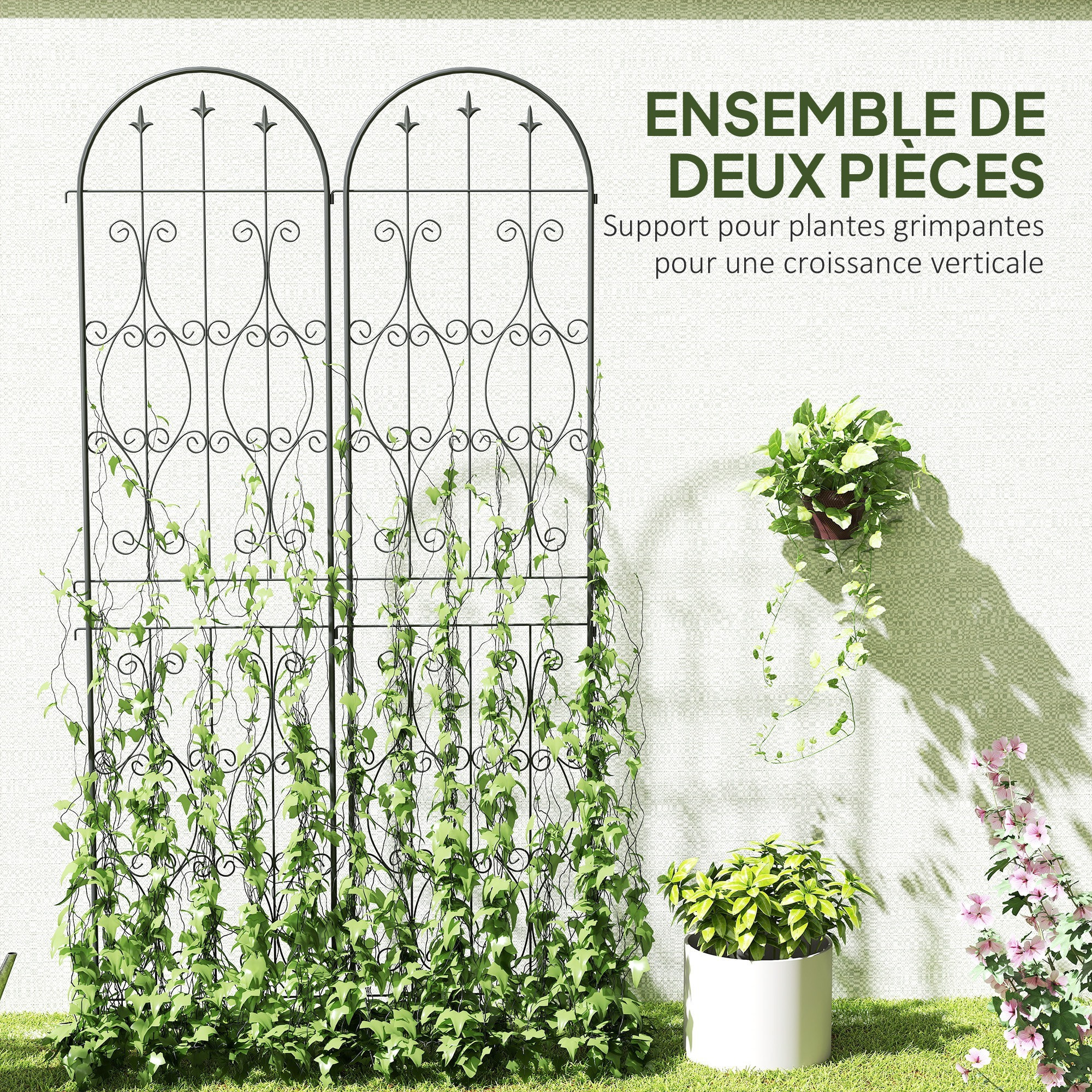 Treillis de jardin effet fer forgé pointe de fleur de lys  - 2 supports plantes grimpantes - 50 x 220 cm - métal époxy noir