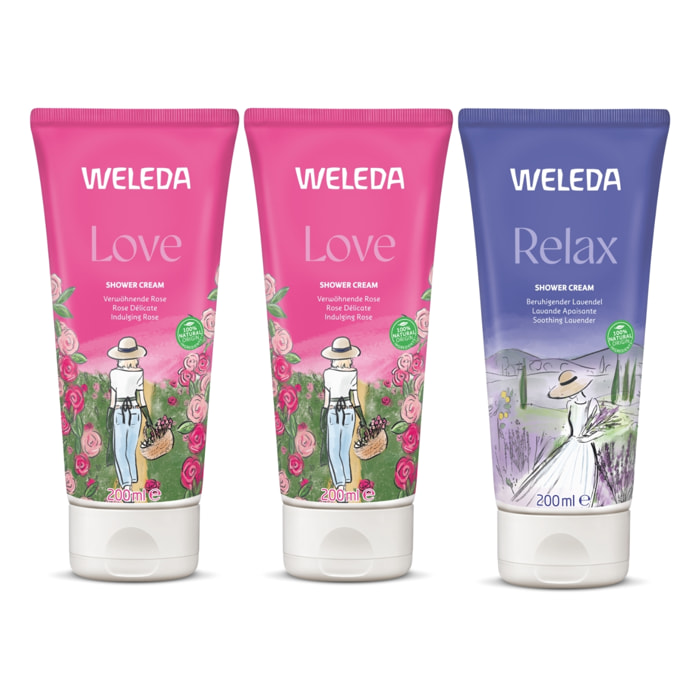 WELEDA - Trio Crème de douche - Love Rose Délicate X2 + Relax Lavande Apaisante X1 – Nettoie et préserve - Vegan* - Certifié Natrue ** - Tube 3*200ml
