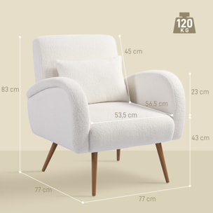 HOMCOM Sillón de Salón de Tela Teddy, Butaca de Salón con Cojín Lumbar Desmontable, Patas de Metal con Efecto Madera, Sillón de Relax para Dormitorio, Oficina, Estudio, Blanco Crema