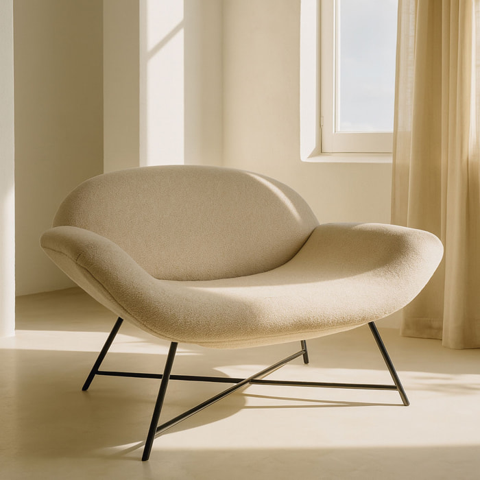 Canapé en bouclette beige et pieds en métal noir 2 places DUKE