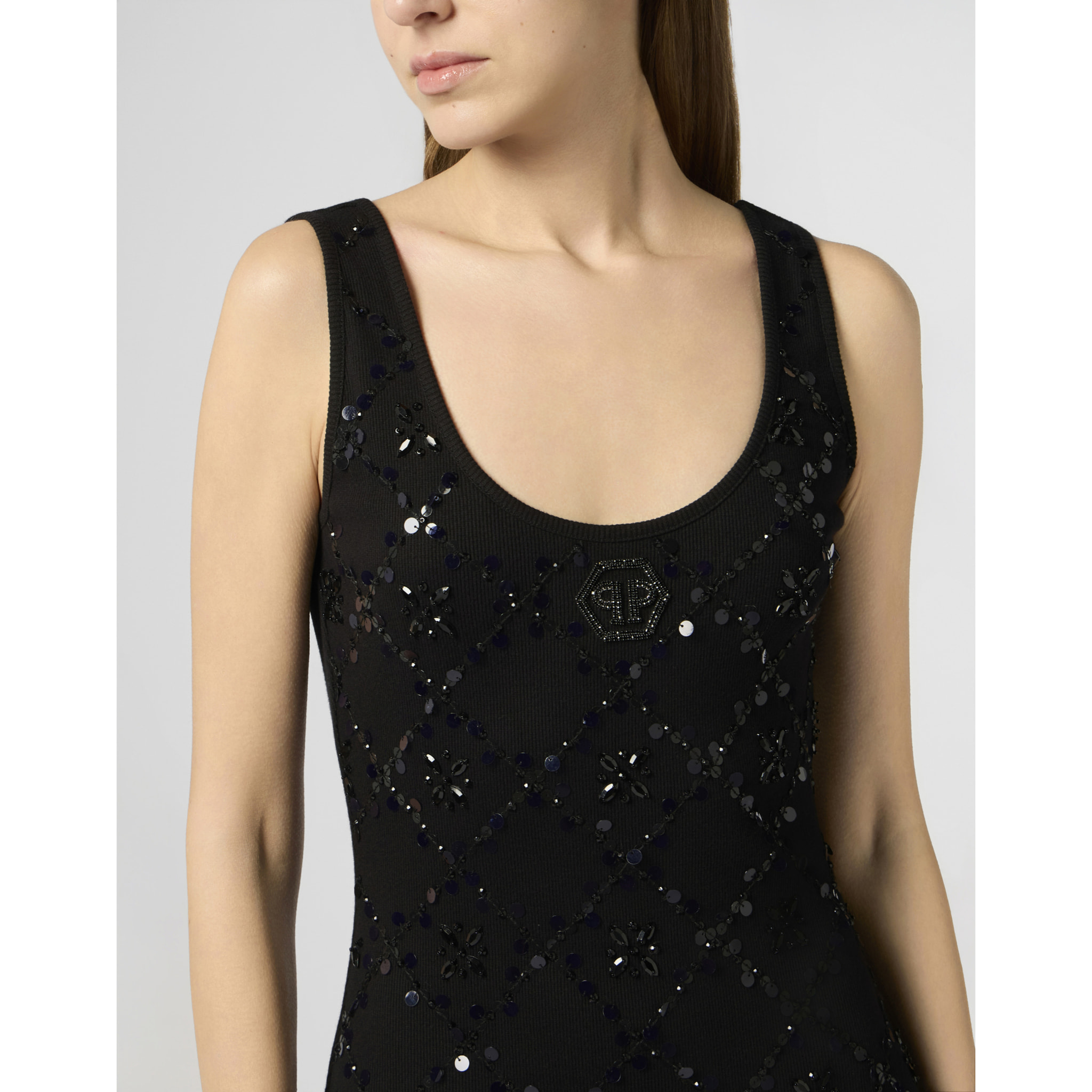 PHILIPP PLEIN Long Tank Dress Rhomb Flowers Strass