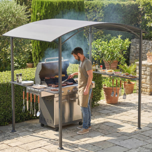 Carpa Barbacoa 2,4 x 1,5 m, Cenador de Pérgola con 2 Estantes Laterales, Toldo Resistente a la intemperie, Ganchos y Estructura de Acero, para Jardín Terraza Exterior Camping BBQ, Gris Oscuro
