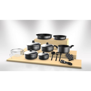 Batterie de cuisine revêtement pierre avec manche amovible 17 pièces noir Herzberg  HG8055-BLK