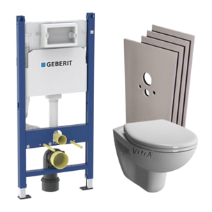 Pack WC Bati-support Geberit + WC sans bride Vitra Normus SpinFlush + Abattant softclose + Plaque blanche + Set d'habillage