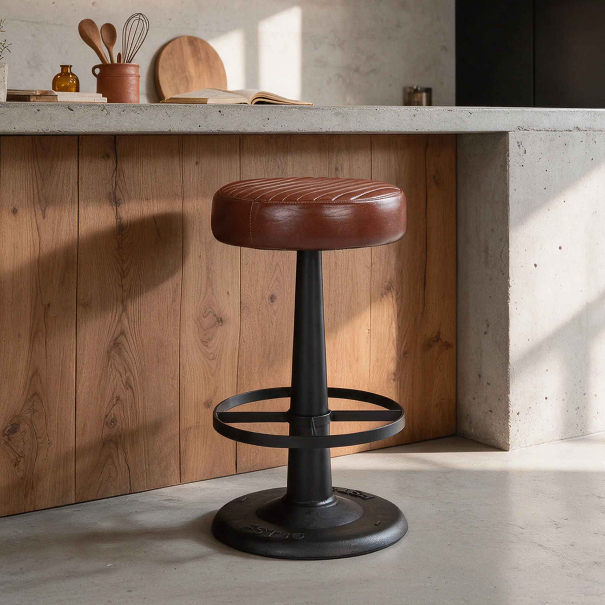 Tabouret pour îlot central 65 cm en cuir de buffle marron foncé - Lucien