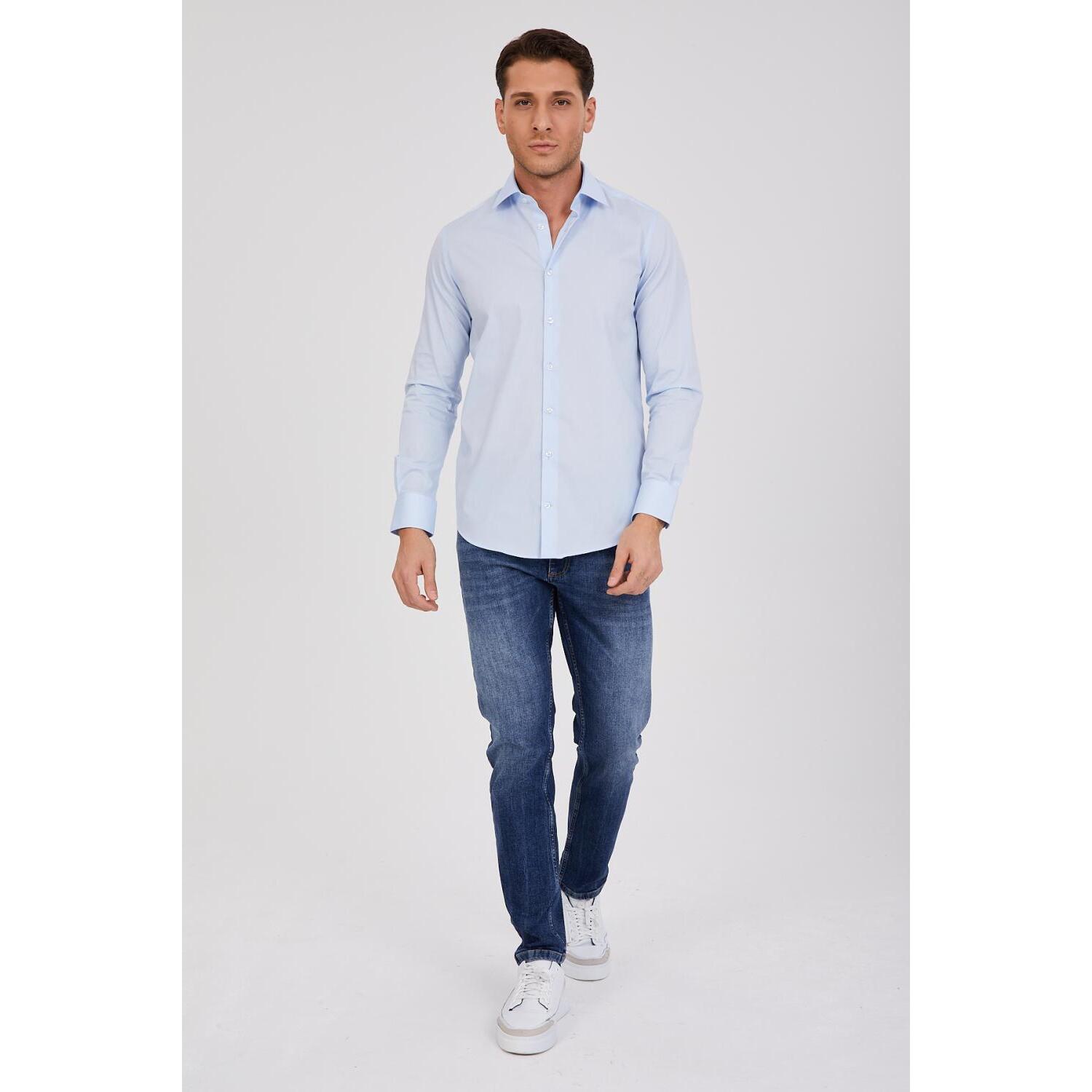 Camicia Uomo 1 Bottone Francese Popeline stretch Unito Celeste