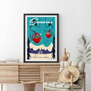 Poster ski à samoens Affiche + cadre en bois - Noir