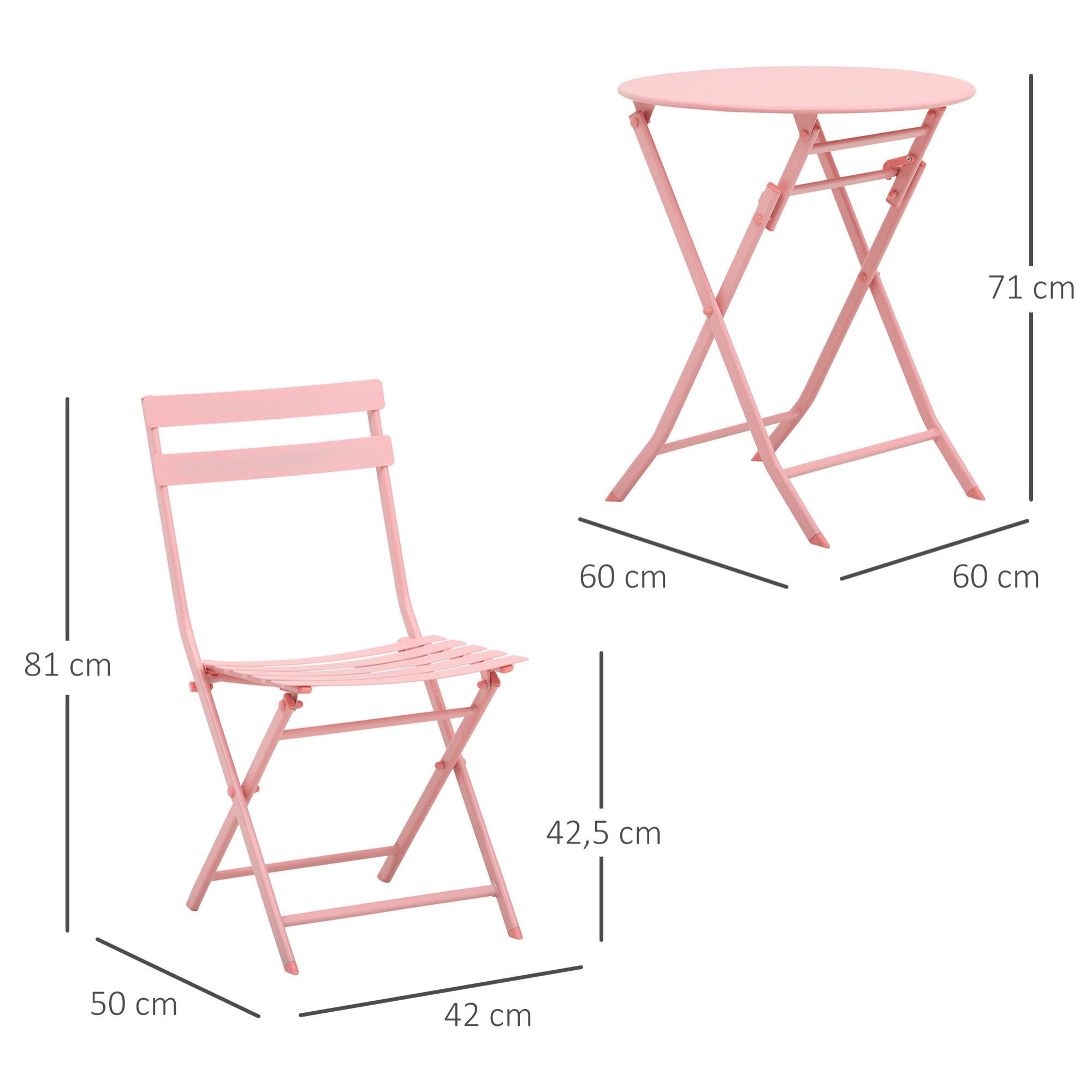 Conjunto de Muebles de Jardín Plegable Juego de 1 Mesa Redonda y 2 Sillas de Terraza con Marco de Acero y Respaldo para Balcón Patio Rosa