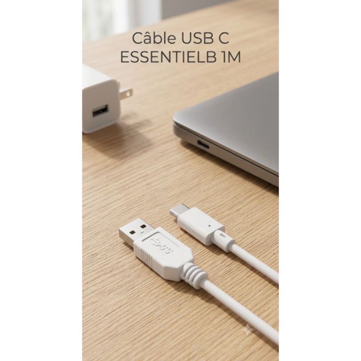 Câble USB C ESSENTIELB vers USB 1M Blanc compatible iPhone 17 16 15 Pro Max et Samsung Galaxy S25 S24 Ultra