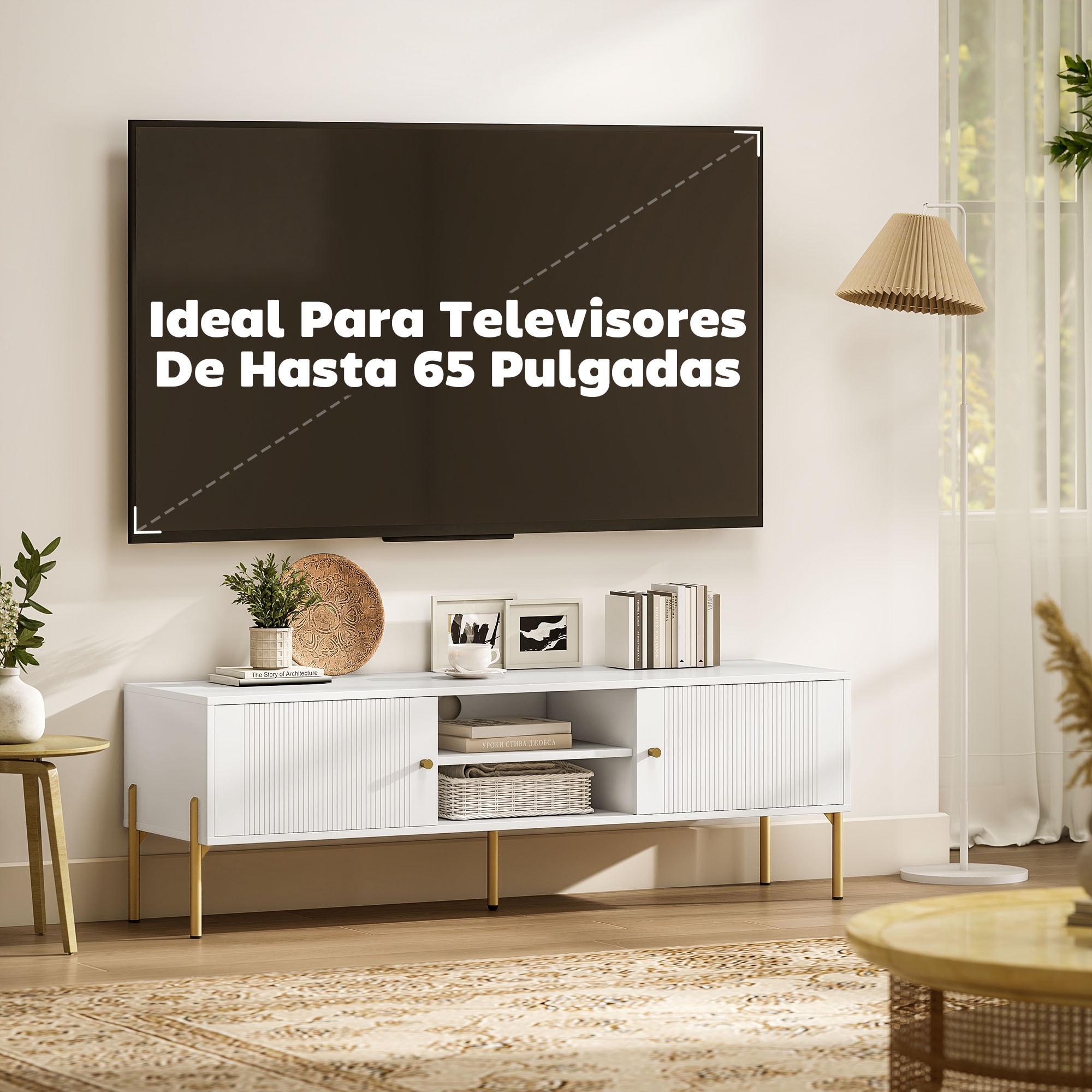 Mueble de TV Moderno de 2 Puertas, Mesa TV para Salón con 2 Estantes Abiertos Ajustables, Orificios Pasacables, Patas de Acero, para Televisión 65 Pulgadas, 140x38x45,9 cm, Blanco