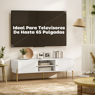 Mueble de TV Moderno de 2 Puertas, Mesa TV para Salón con 2 Estantes Abiertos Ajustables, Orificios Pasacables, Patas de Acero, para Televisión 65 Pulgadas, 140x38x45,9 cm, Blanco