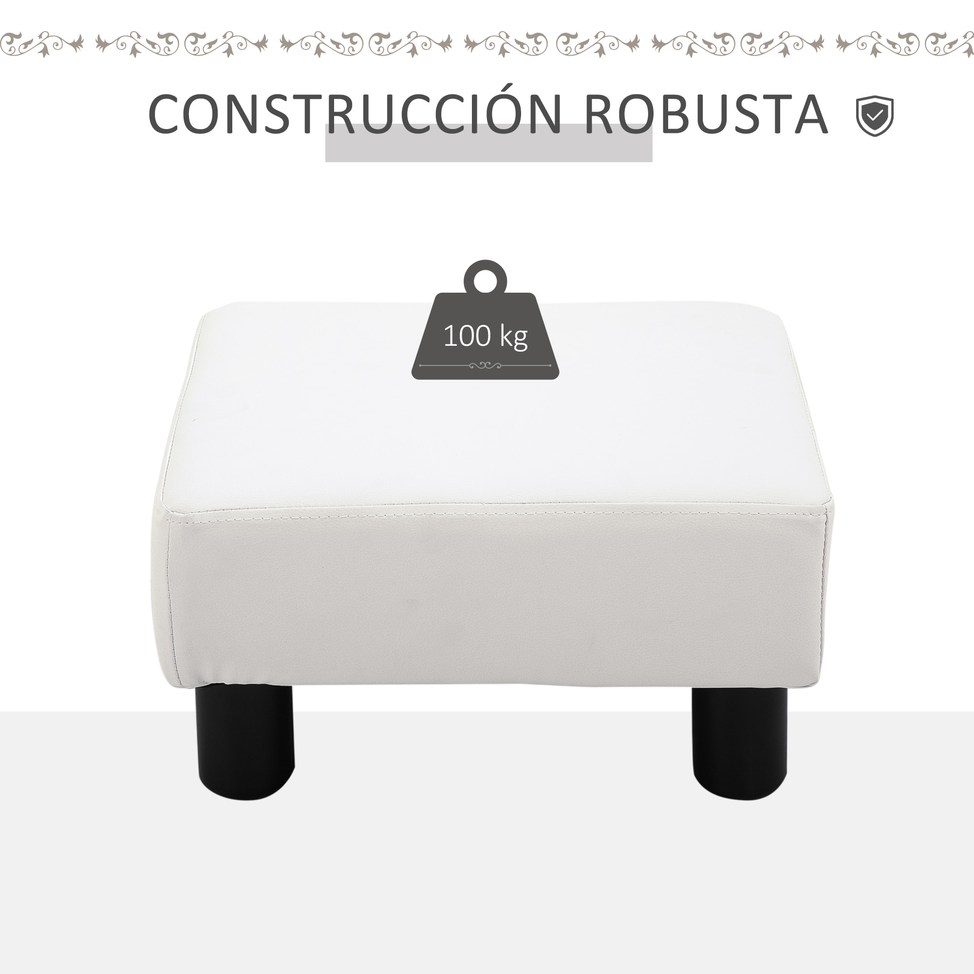 Reposapiés de Salón Taburete Bajo Tapizado en Cuero Sintético Otomana Rectangular con Estructura de Plástico para Sala de Estar Dormitorio Blanco
