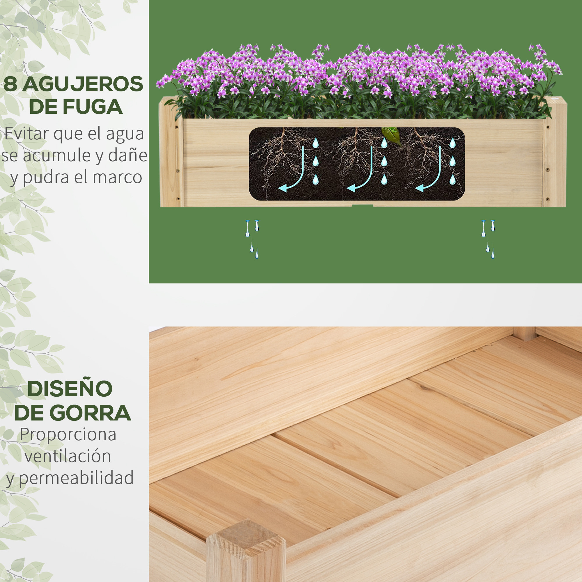 Mesa de Cultivo Huerto Urbano Elevado de Madera de 2 Niveles Mesa de Jardinera para Cultivo Plantas Flores Verduras 86x85x72 cm Madera Natural