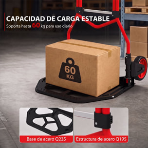 Carretilla Plegable con Mango Telescópico Ajustable, Carga 60 kg, Carretilla de Mano con Ruedas, para Garaje, Oficina, Equipaje, Viajes, Mudanzas y Compras, Rojo