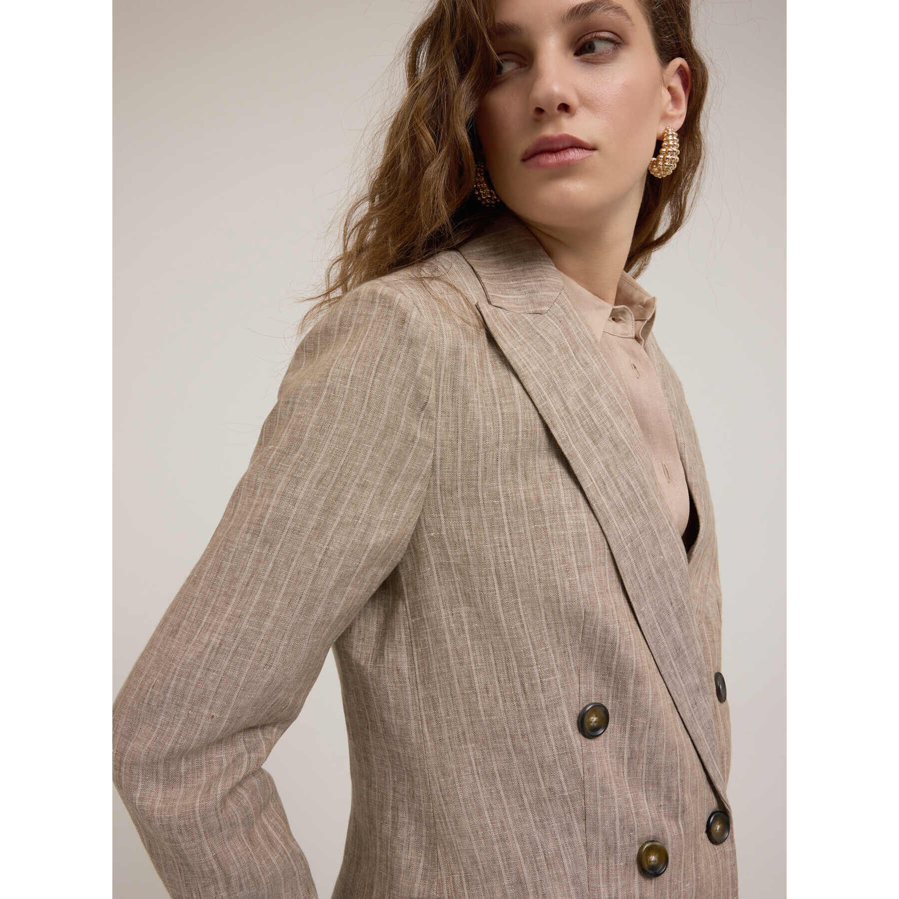 Motivi - Blazer doppiopetto gessata in lino - Beige
