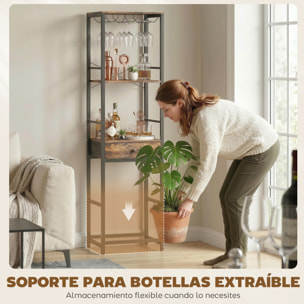 Mueble de Bar para Vinos con Soporte de Copas y Cajón, Botellero para 12 Botellas, con Estante Abierto, Estilo Industrial, para Cocina, Comedor, Bar, 40x30x148 cm, Marrón Rústico