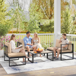 Conjunto de Jardín Exterior de 4 Piezas, Muebles Jardín Exterior con 2 Sofás de 2 Plazas, 1 Sillón sin Brazos y Mesa de Centro, Conjunto de Sofá con Estructura de Acero y Cojines, Caqui