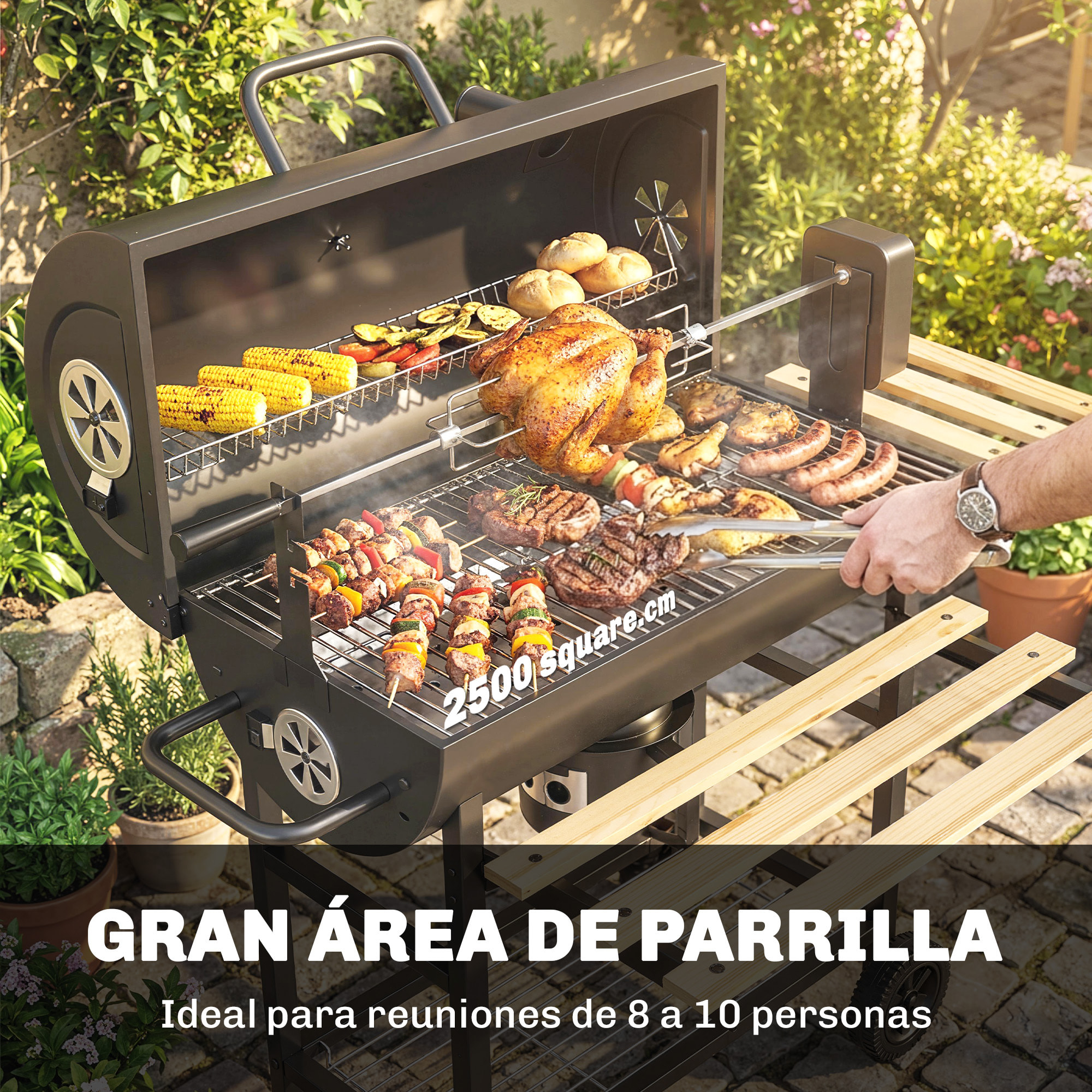 Barbacoa de Carbón Portátil, Barbacoa Carbón Barril Móvil con Asador Eléctrico, Estantes Plegables, Rejilla de Calentamiento, Termómetro, Ventilaciones Ajustables, Recoge Cenizas, Ruedas, Asa