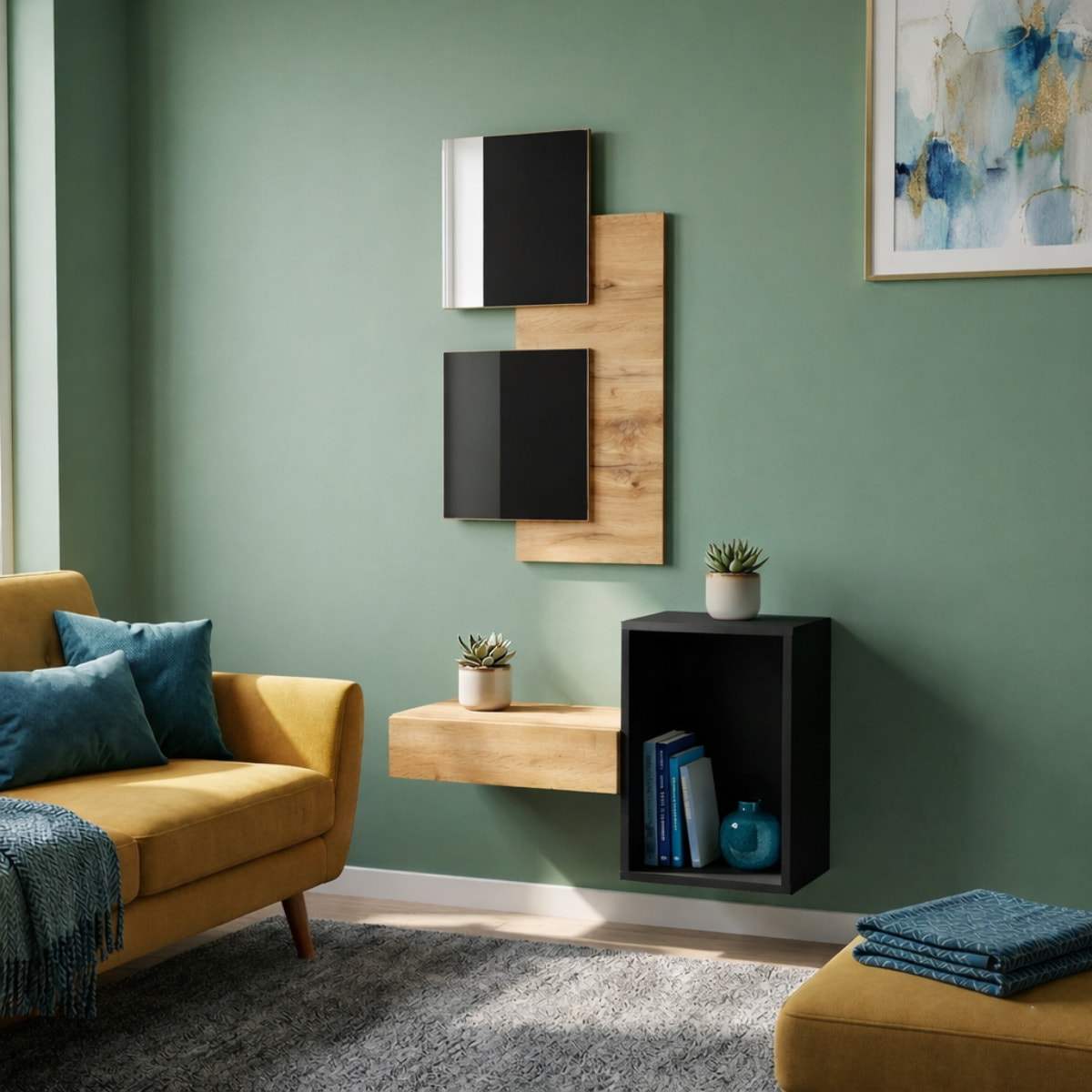 Set Mobile Ingresso Moderno Con Specchi Pensile A Giorno Mensola Con Cassetto Salvaspazio Mobile Da Parete 100 x 170 x 30 Cm Nero E Rovere