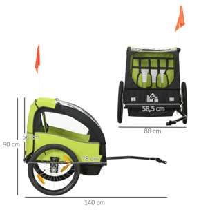 Remolque de Bicicleta para Niños +18 Meses Cochecito para Transporte de 2 Plazas con Cinturón de Seguridad Espacio de Almacenamiento y Sistema de Amortiguador 140x88x90 cm Verde