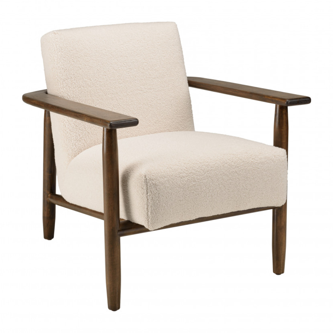 GASTON - Fauteuil tissu bouclette écru structure et accoudoirs en bois