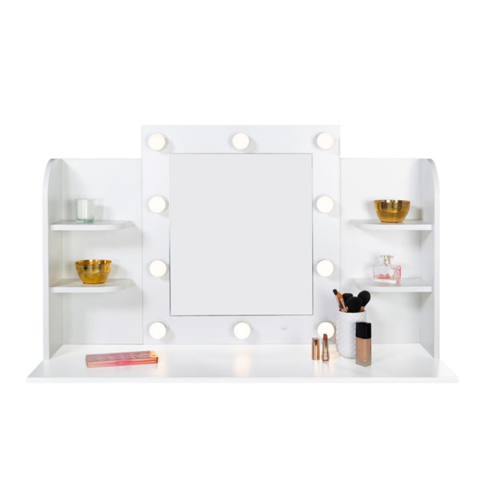 Coiffeuse Zélia blanche avec étagères, miroir LED + tabouret